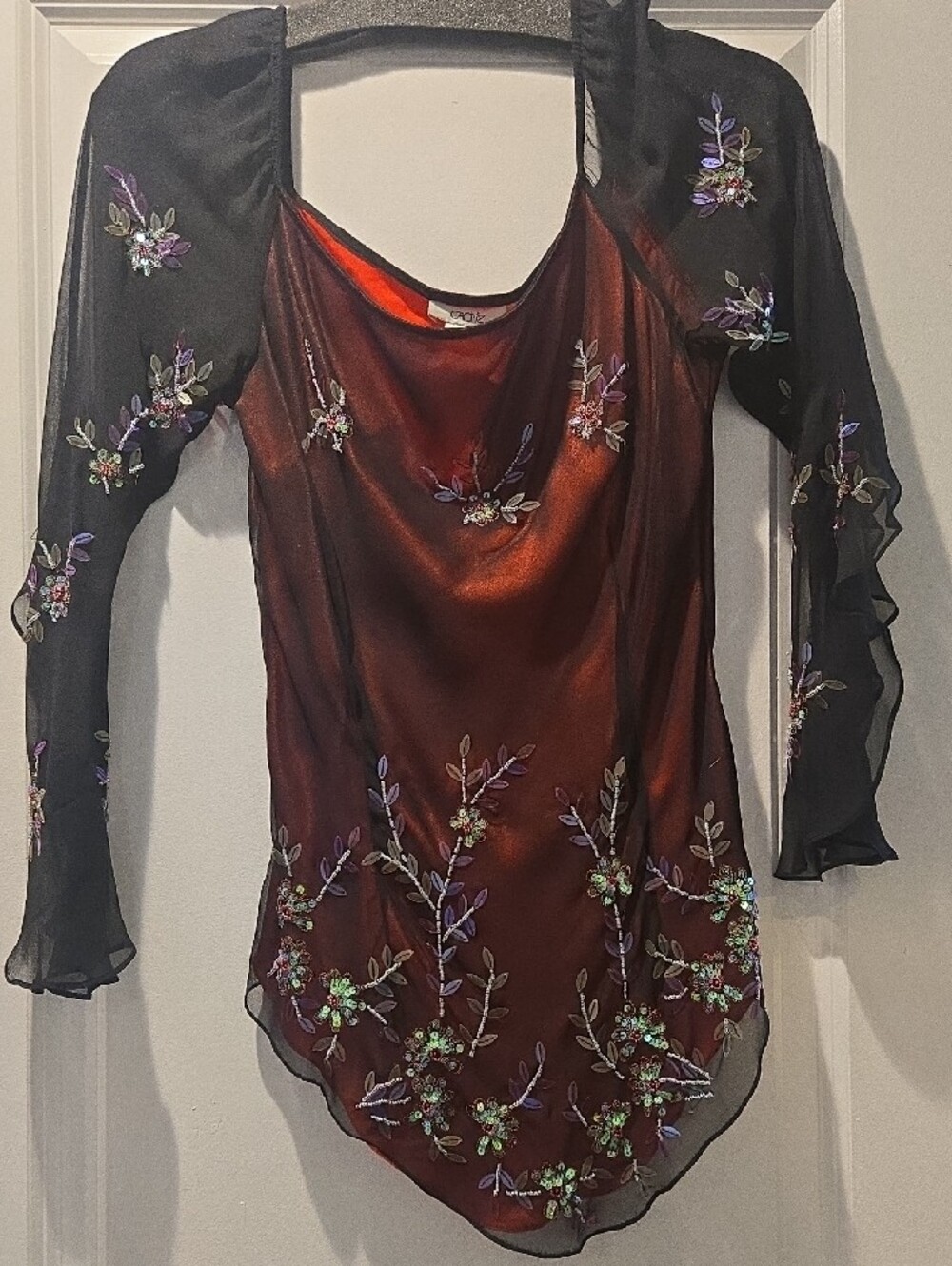 Cache Embroidered Satin & Sheer Floral Bodysuit Top - Red and Black - Picture 3 of 4